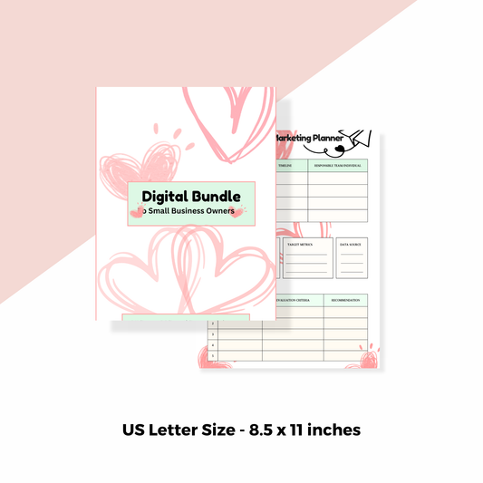 Digital marketing planner bundle for small business owners on a pink and white background