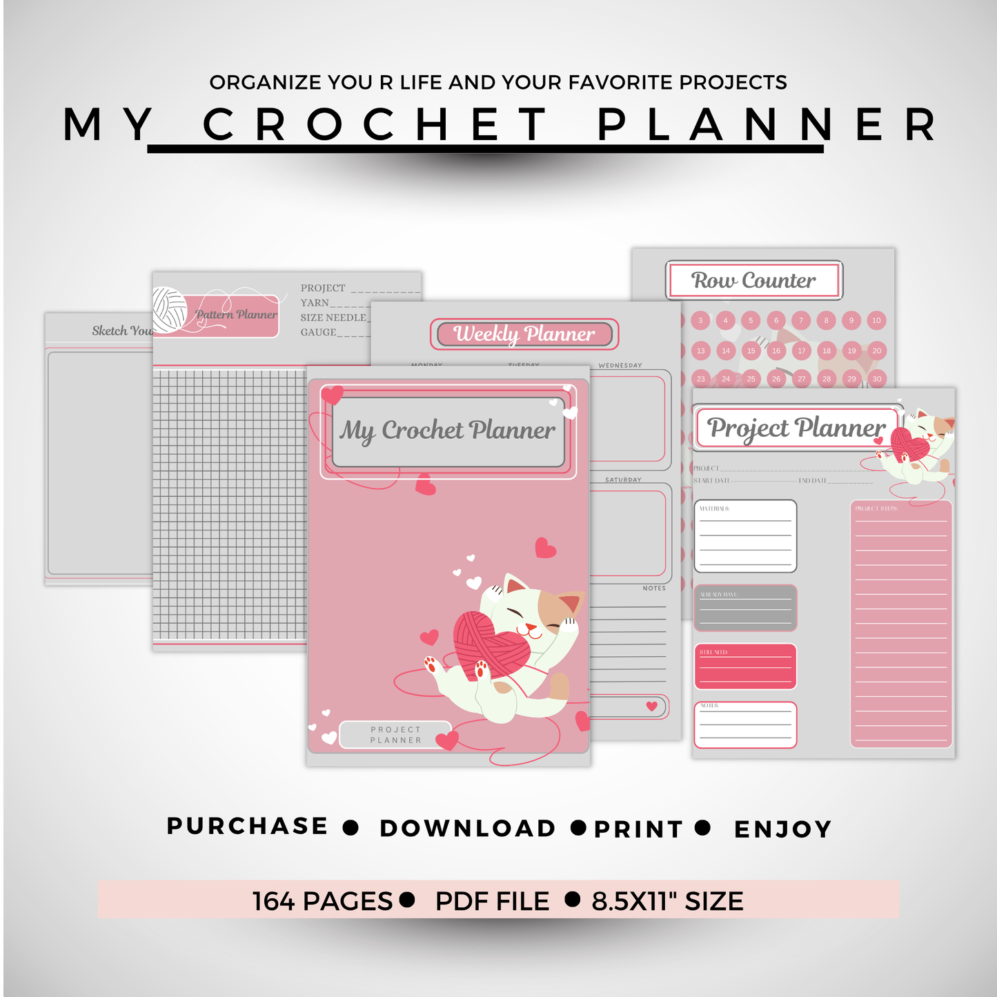 Collection of crochet planner sheets with various sections on a light gray background.