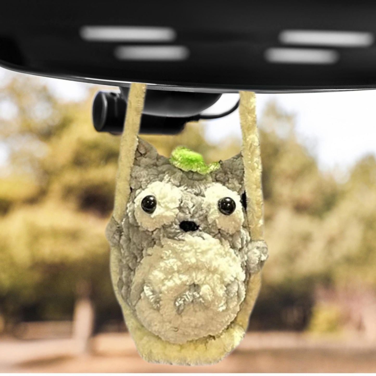 Handmade Crochet Rearview Mirror Hanger, Options - Friendly Forest Spirit Animal or Ellie the Elephant Swinging Mirror Hanger