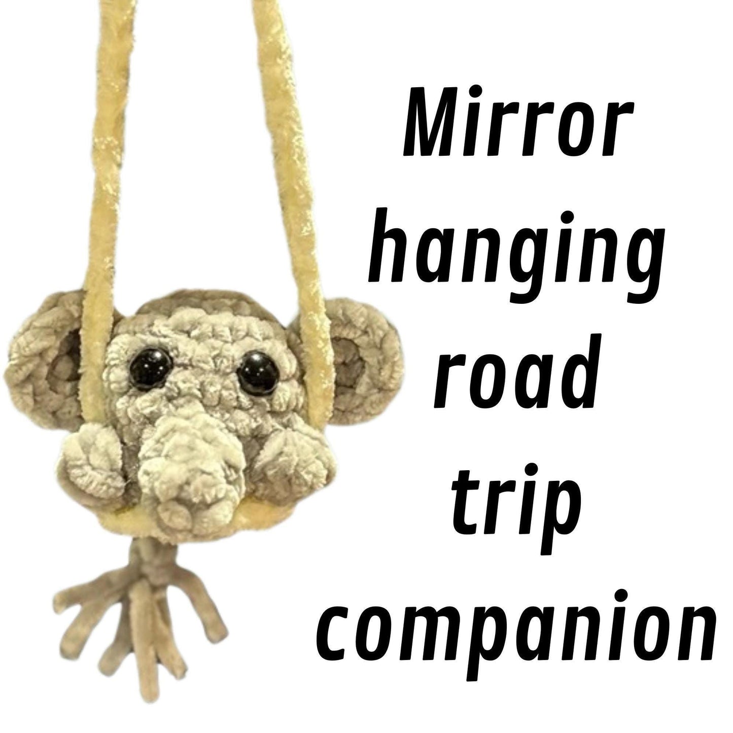 Handmade Crochet Rearview Mirror Hanger, Options - Friendly Forest Spirit Animal or Ellie the Elephant Swinging Mirror Hanger
