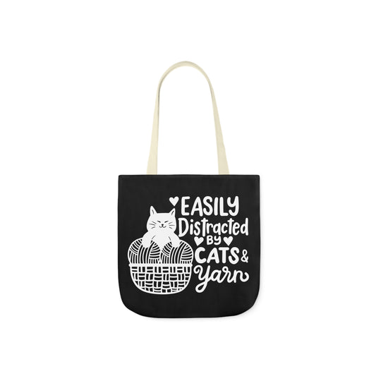 Easily distracted By Cats and Yarn, Canvas Tote Bag, 5-Color Straps, 3 Sizes Yarn Bag