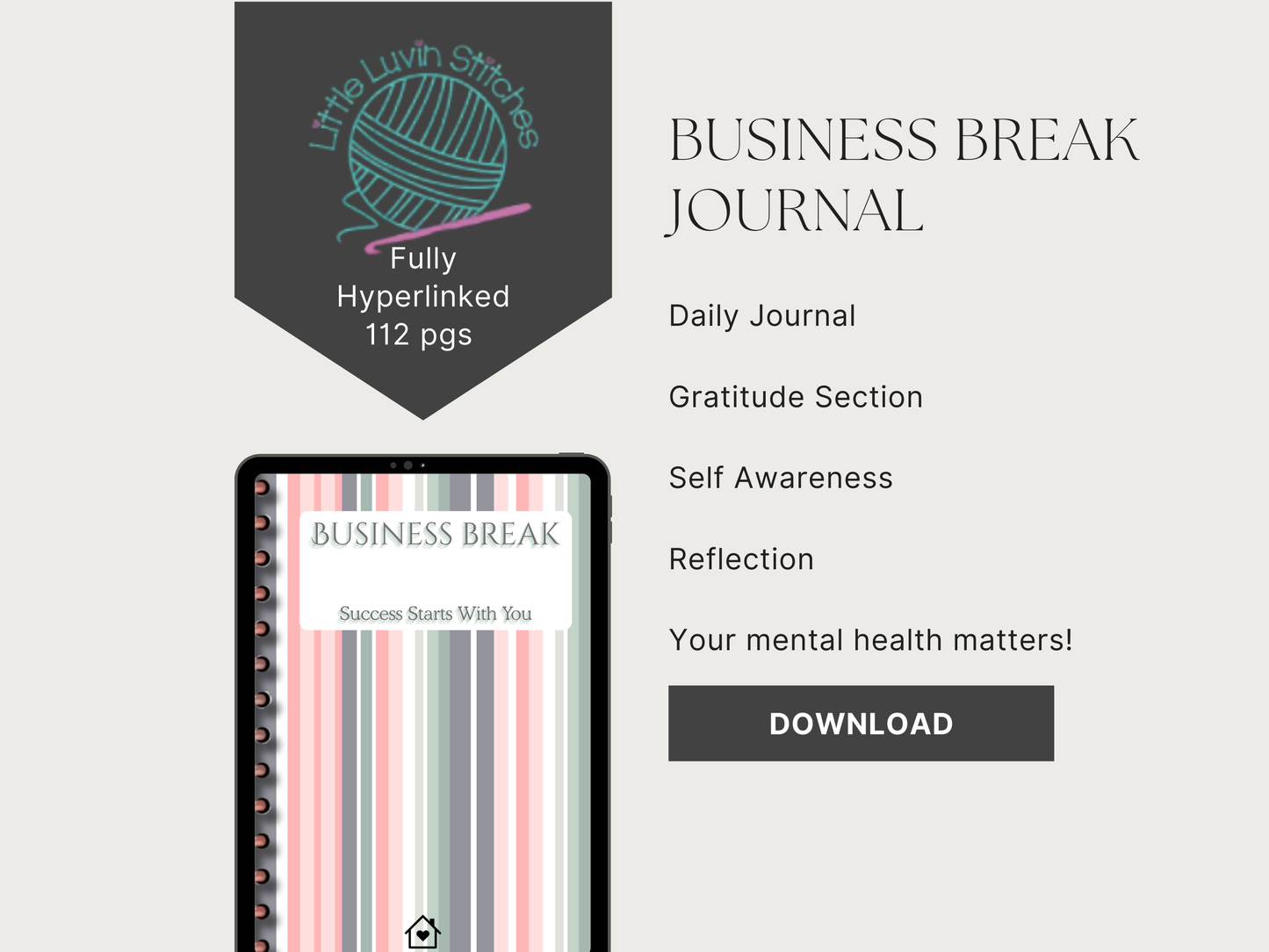 Promotional graphic for a 'Business Break Journal' with a tablet displaying the journal cover.