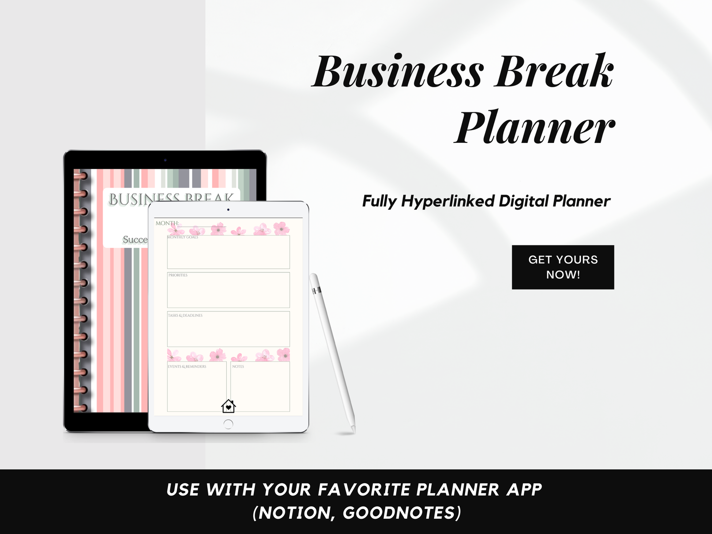 Digital planner on tablet and iPad with promotional text on a white background
