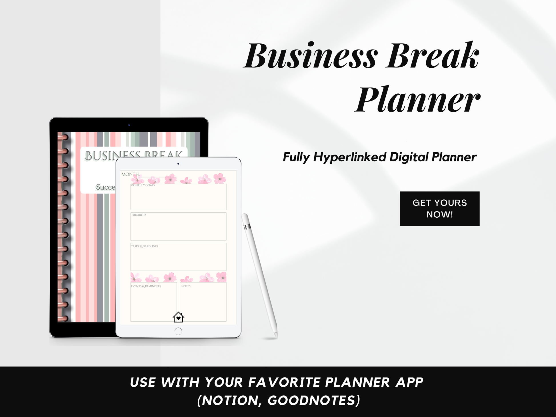 Digital planner on tablet and iPad with promotional text on a white background