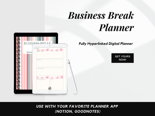 Digital planner on tablet and iPad with promotional text on a white background