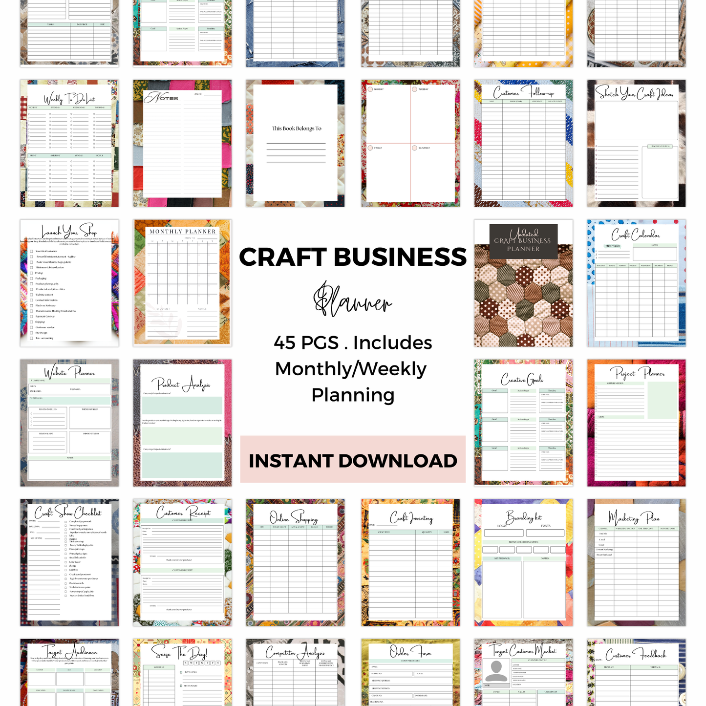 Collection of craft business planners with various layouts on a white background.