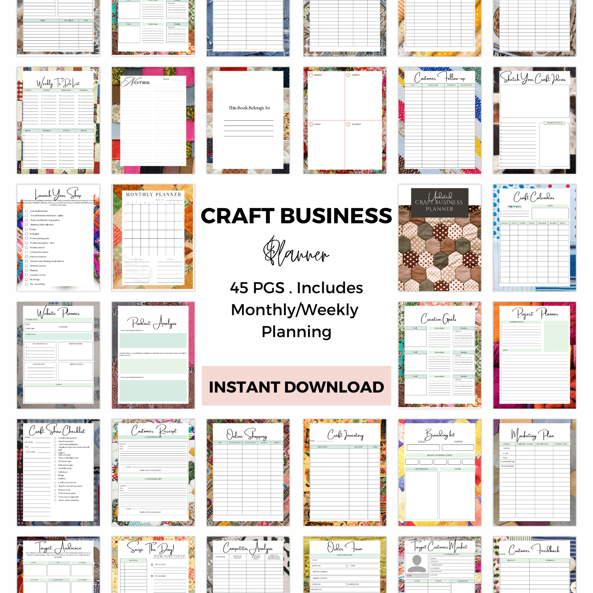 Collection of craft business planners with various layouts on a white background.