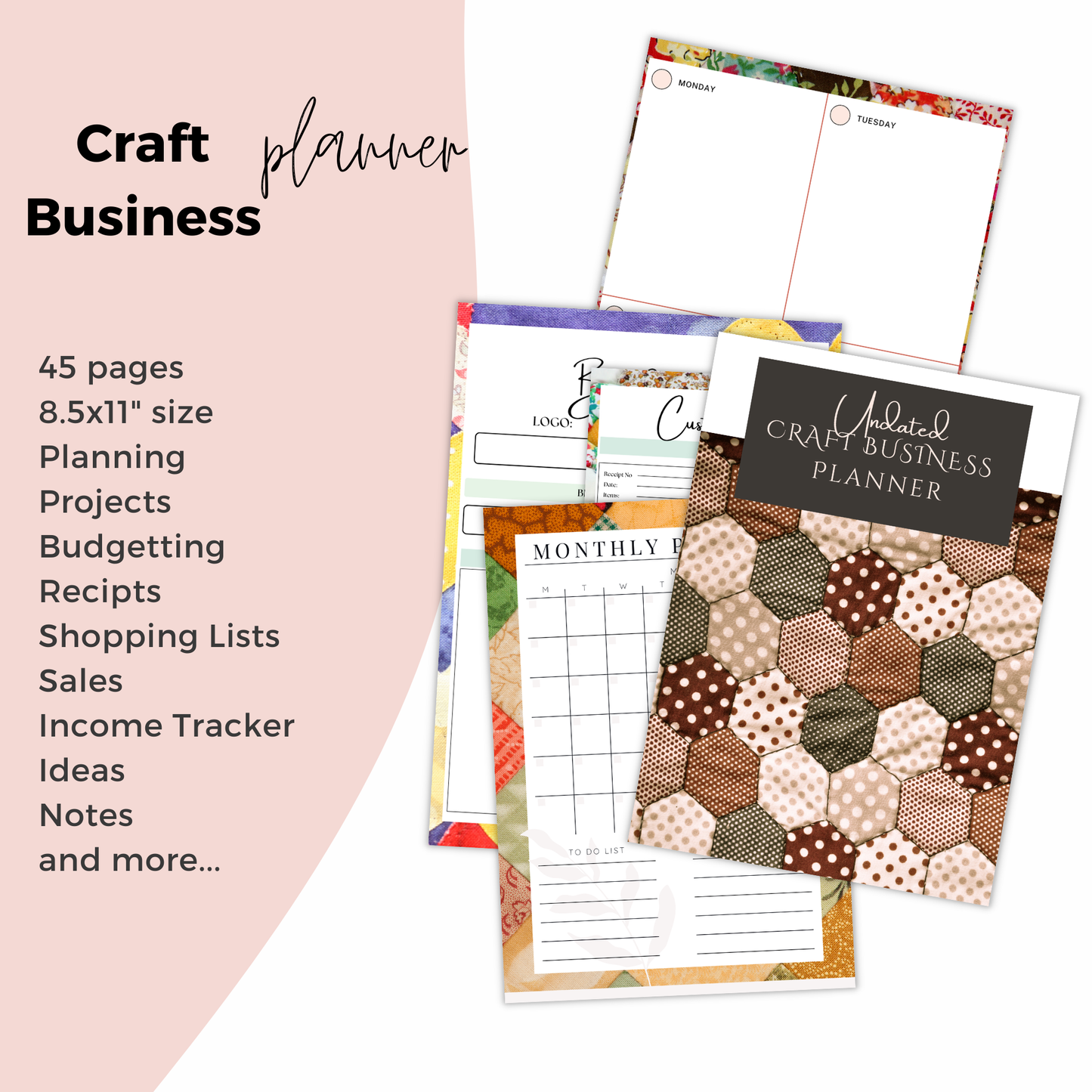 Craft business planner with various pages on a pink background