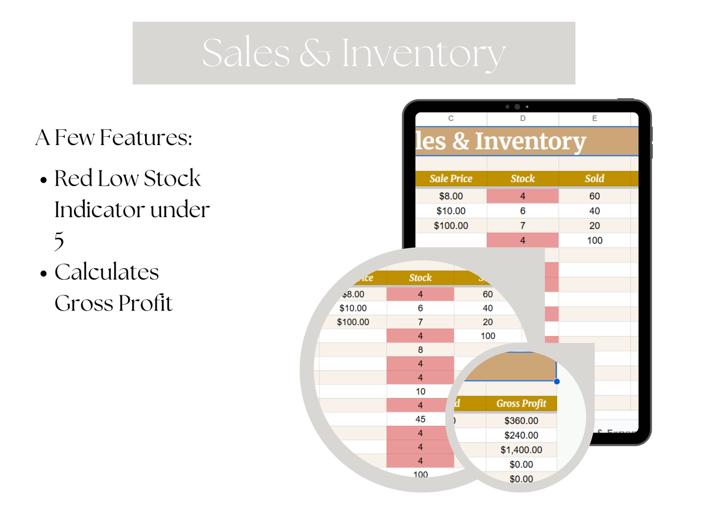Tablet displaying a sales and inventory management app with features listed on the left.