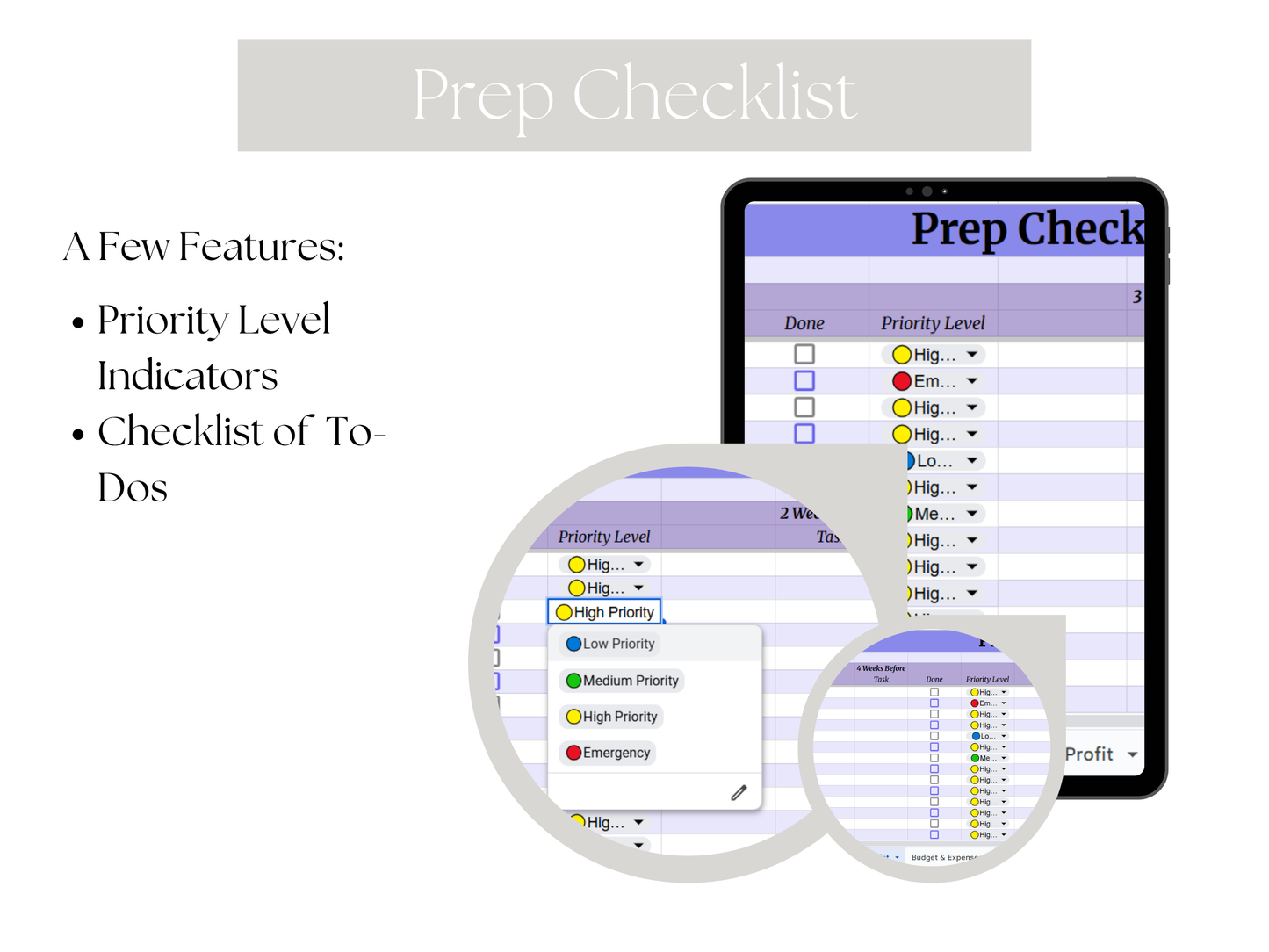 Prep checklist app interface with priority level indicators and to-do list on a tablet screen.