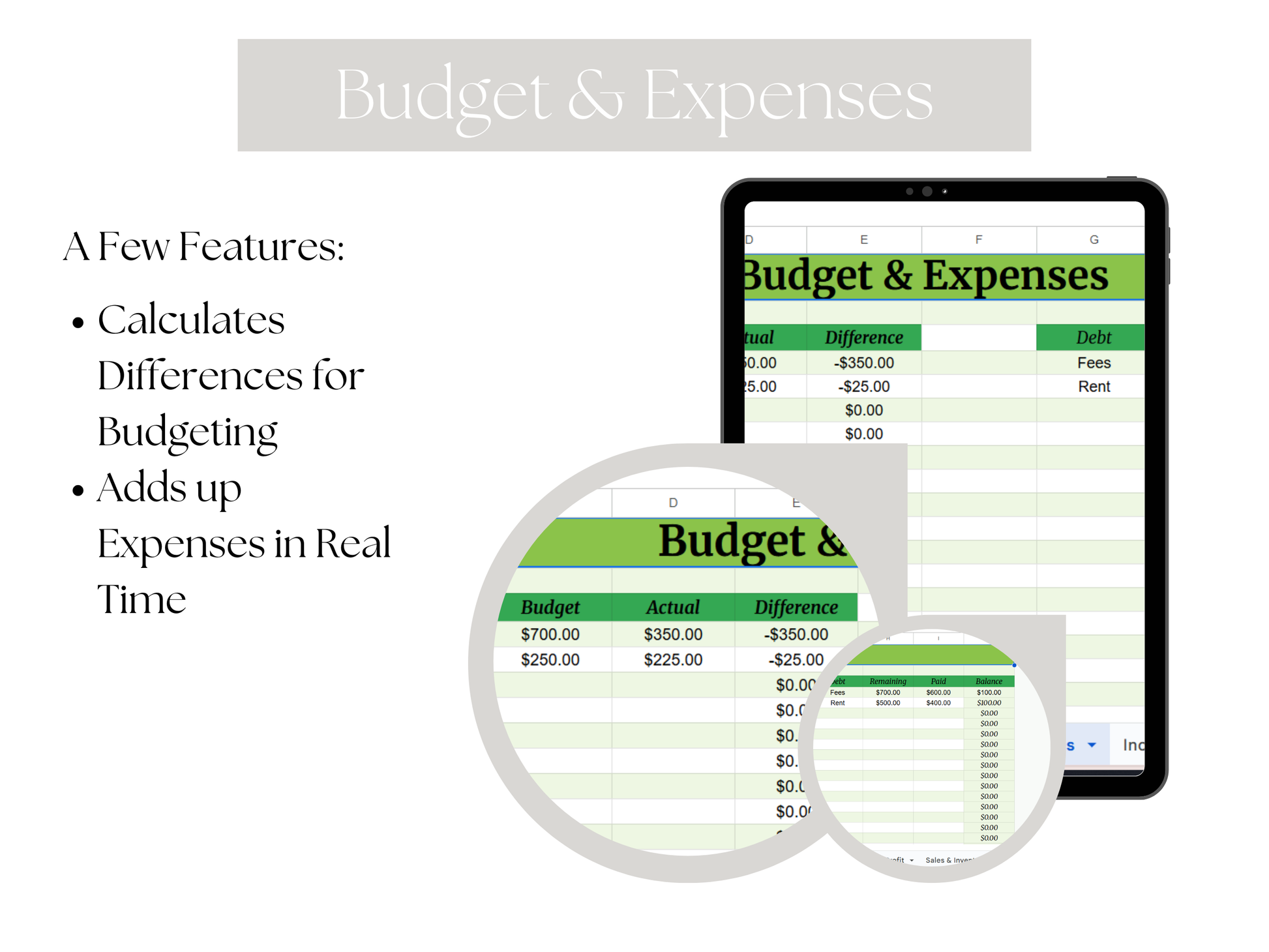 Budget and expenses tracking app on a tablet with features listed.