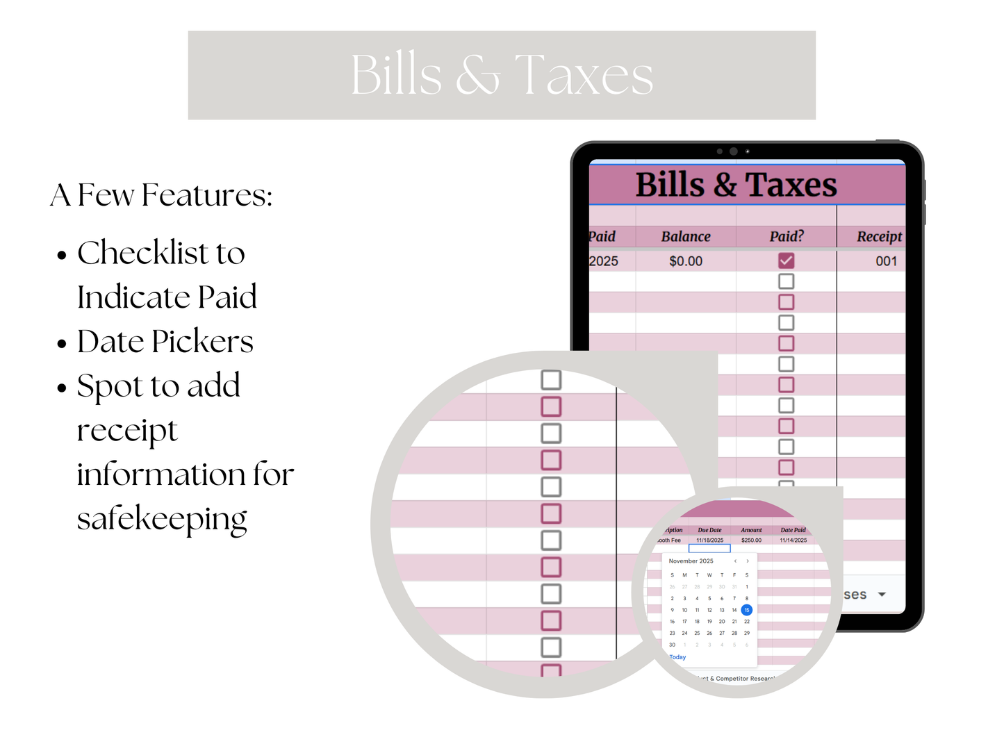Bills and taxes checklist app with features highlighted on a white background