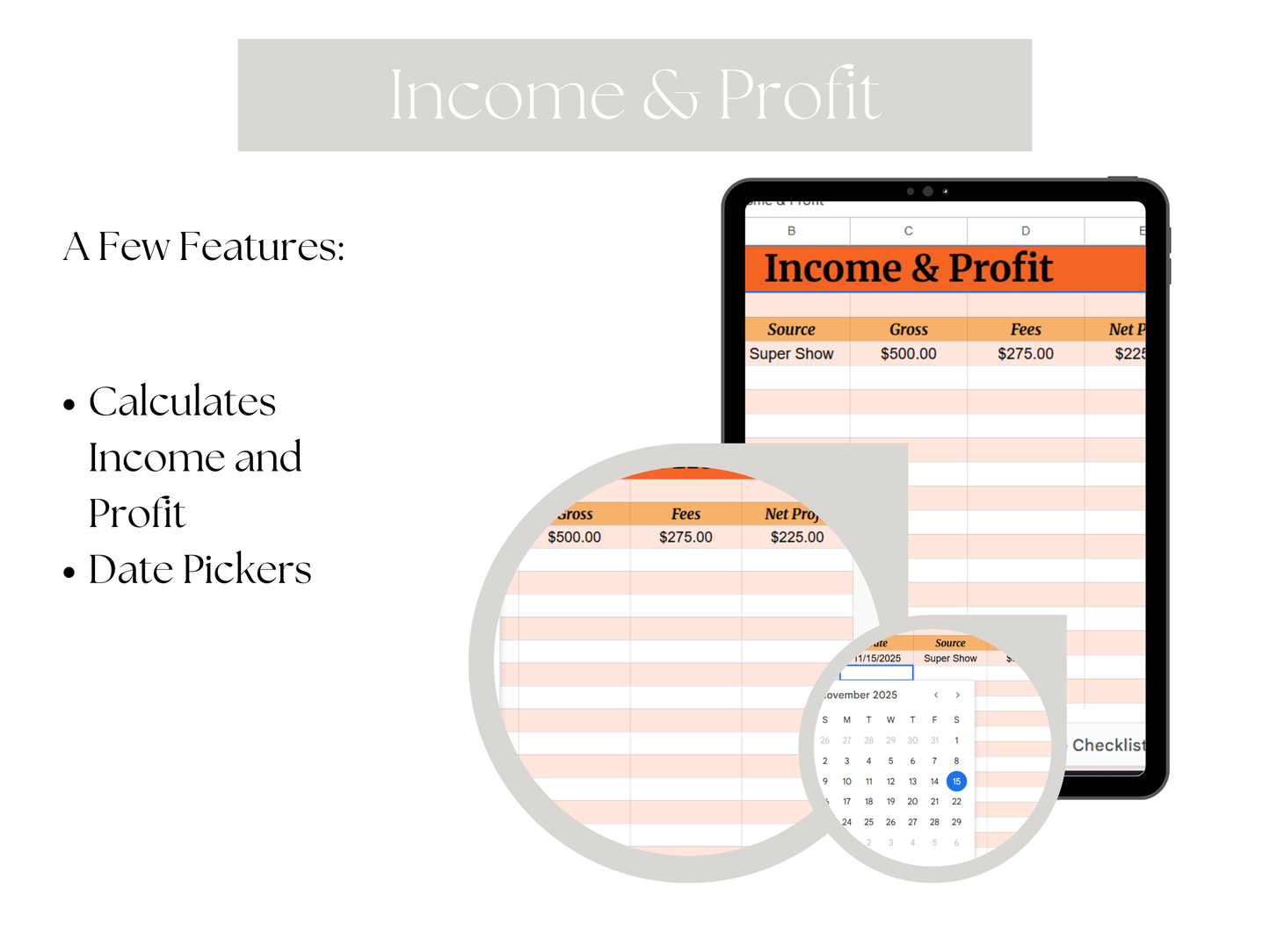 Income and profit calculation software with tablet and calendar on a white background