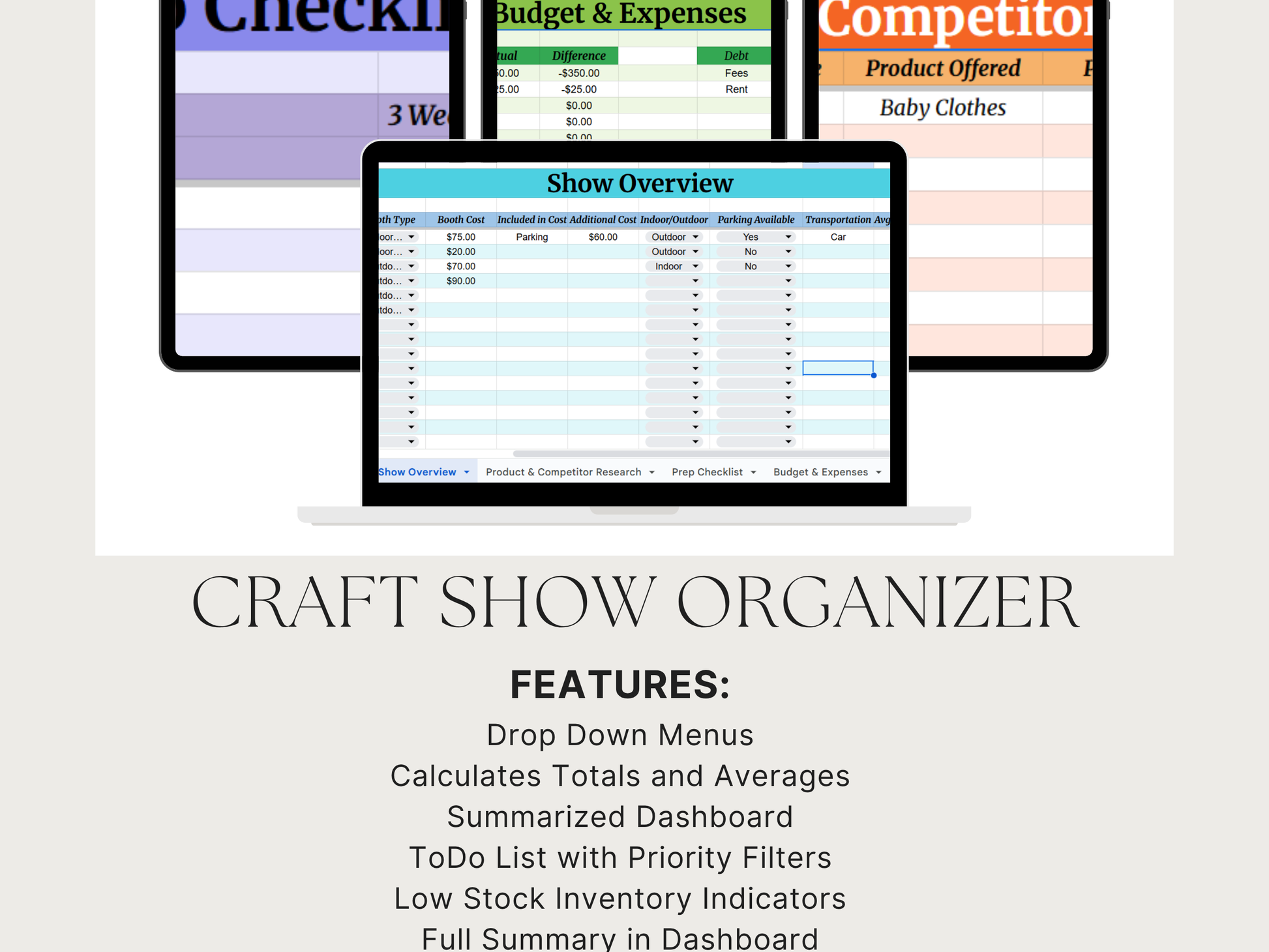 Computer screen displaying a craft show organizer with various tabs and features listed.