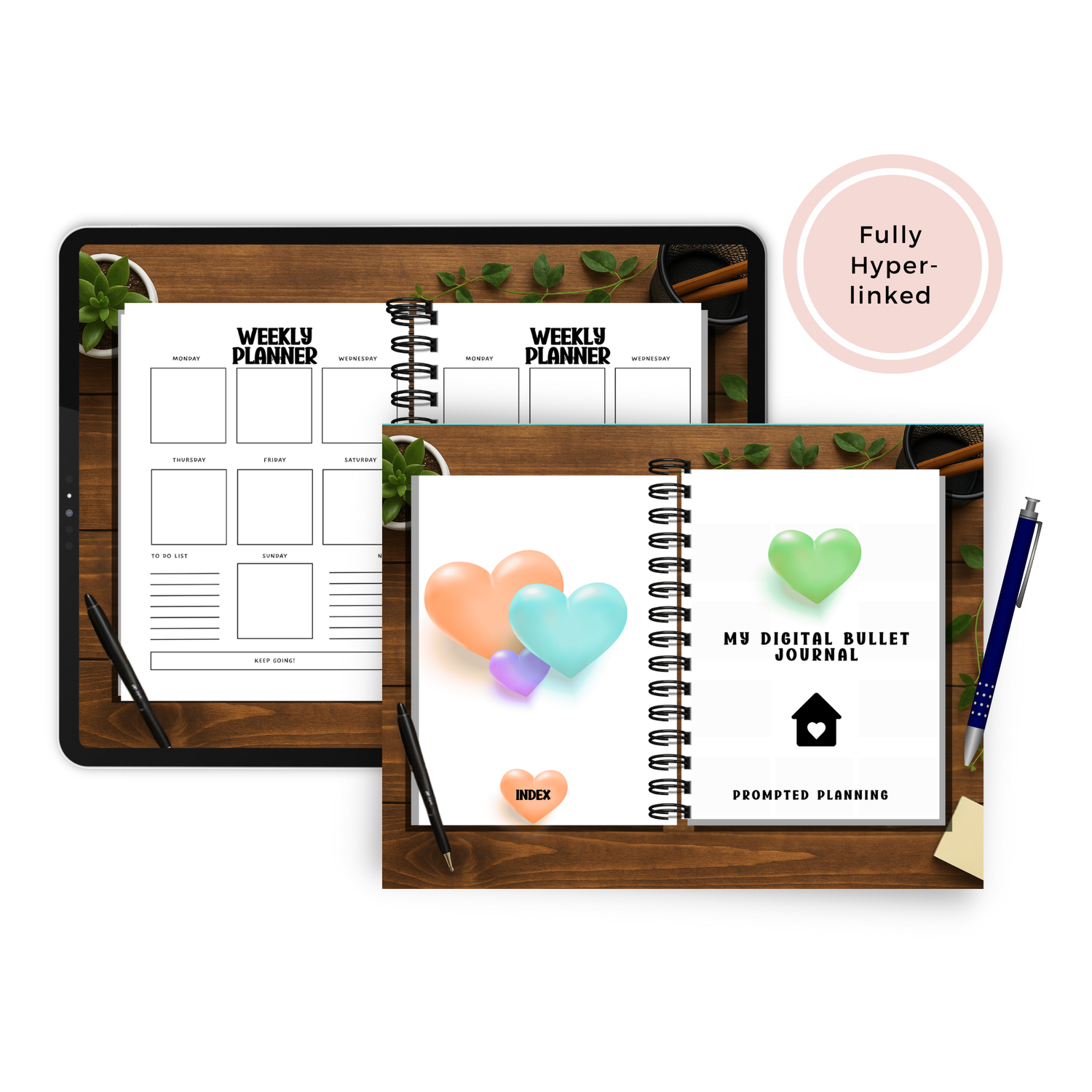 Digital bullet journal with heart designs on a wooden surface