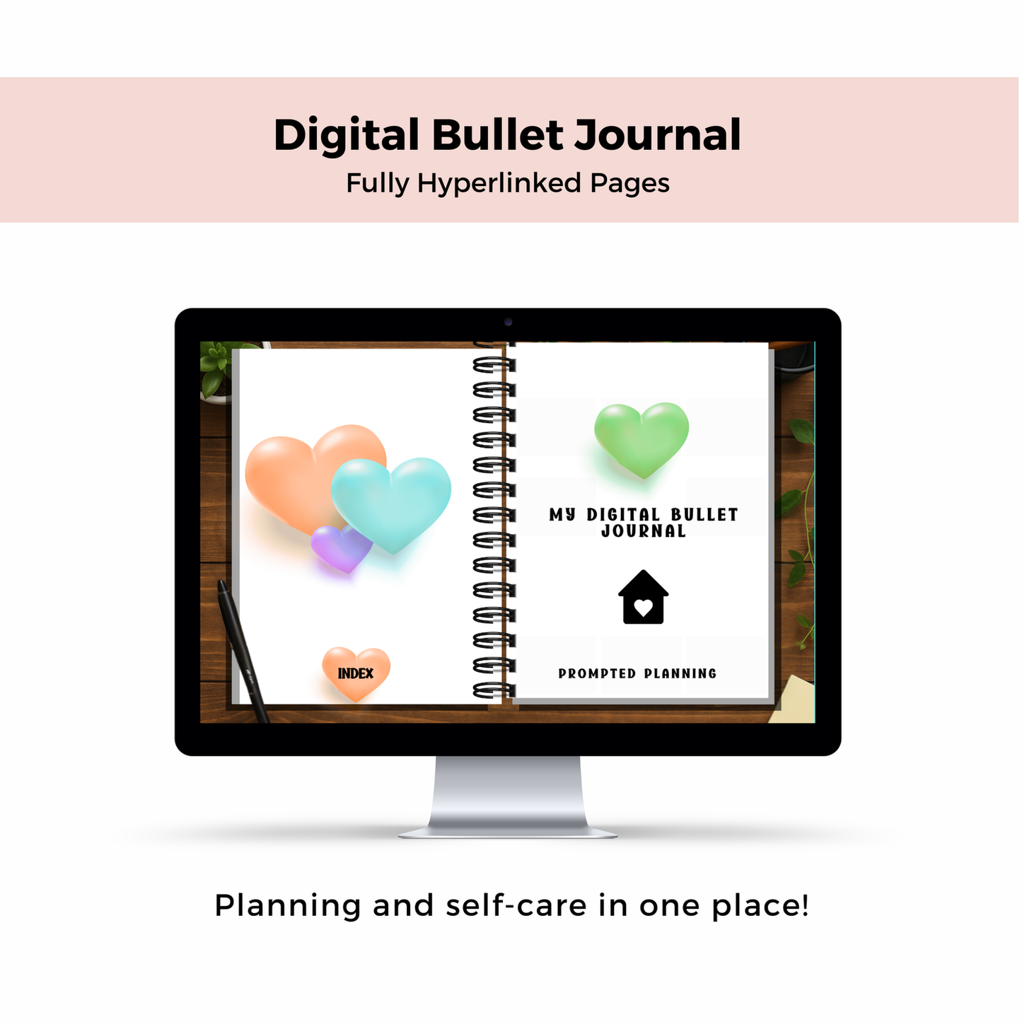 Digital bullet journal on a computer screen with colorful hearts and text.