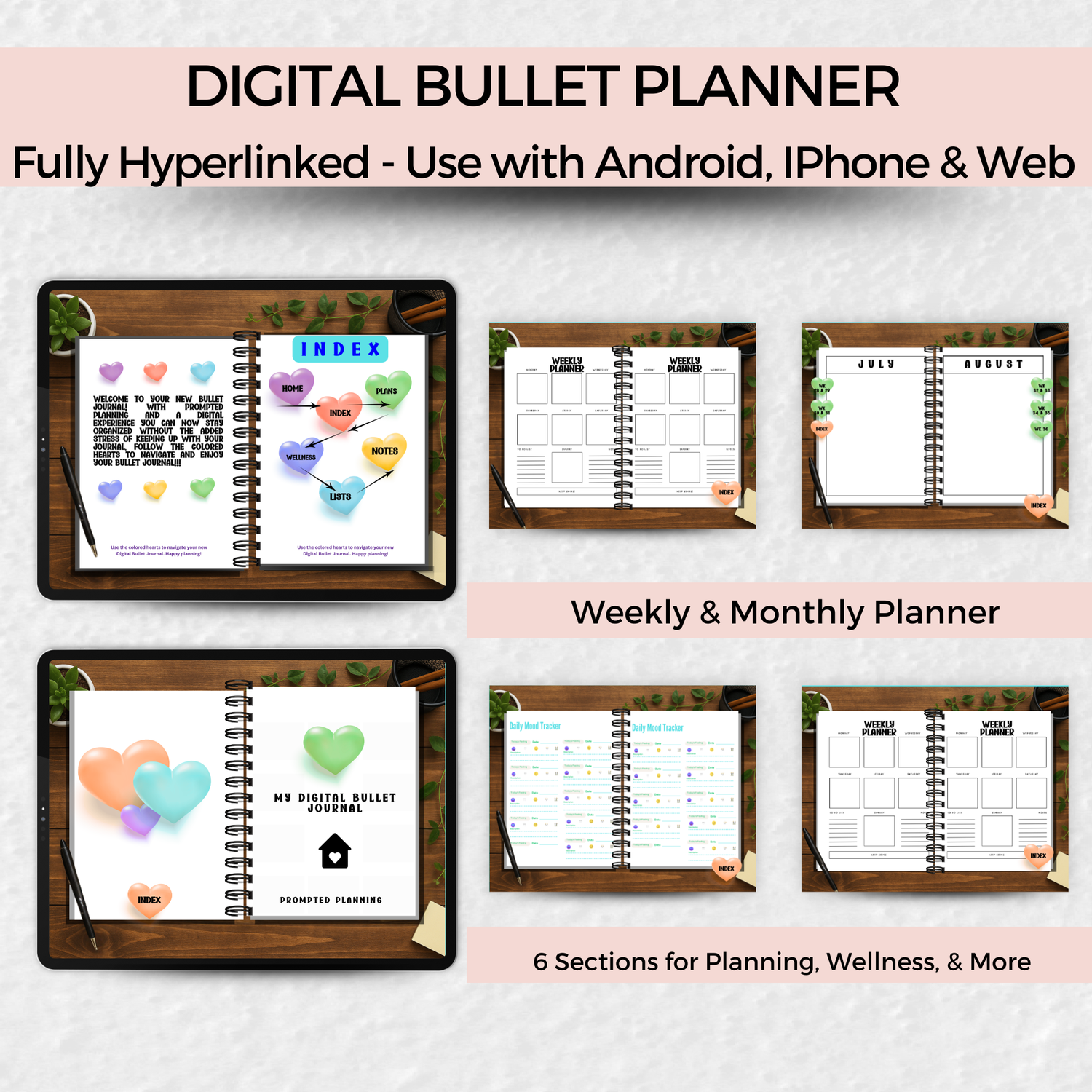 Digital bullet planner with various pages displayed on a light gray background.