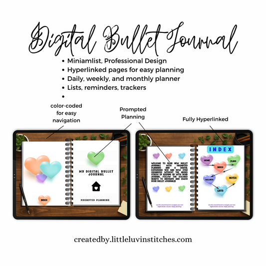 Digital bullet journal with heart-themed design on a white background