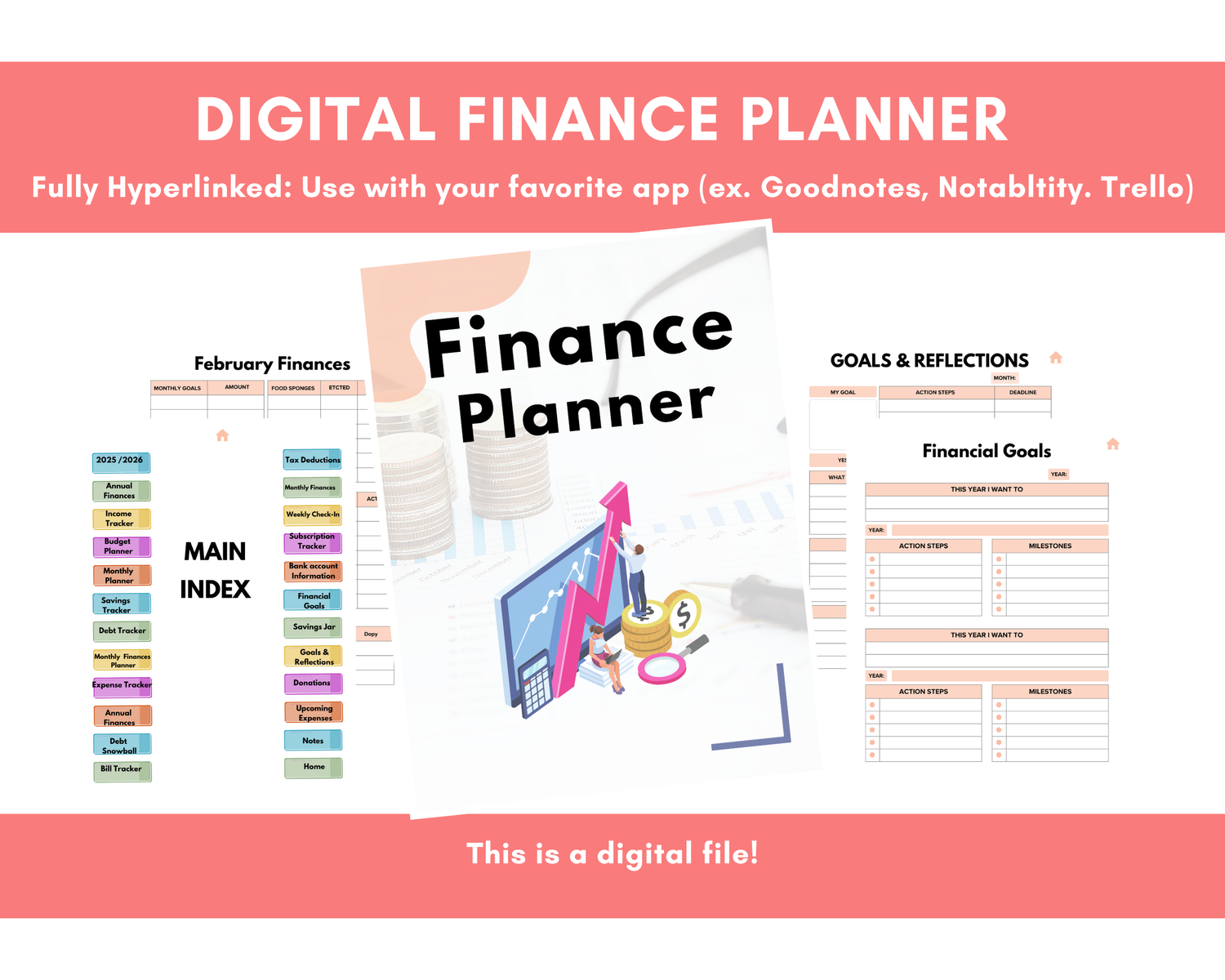 Digital finance planner with various sections on a white background
