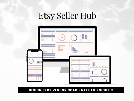 Etsy Seller Hub with digital devices displaying graphs and charts on a light gray background.