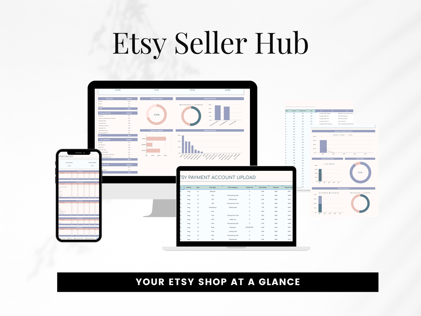 Etsy Seller Hub graphic with computer screens displaying shop analytics on a light background