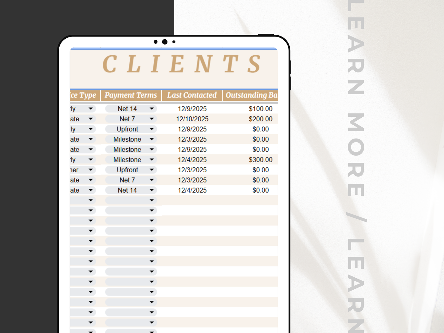 Clients spreadsheet on a tablet with a blurred background