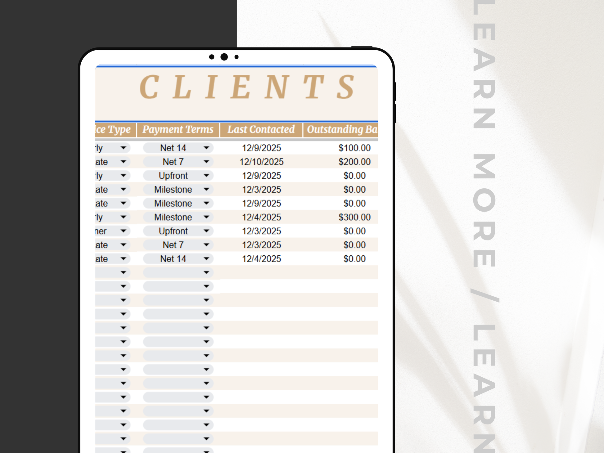 Clients spreadsheet on a tablet with a blurred background