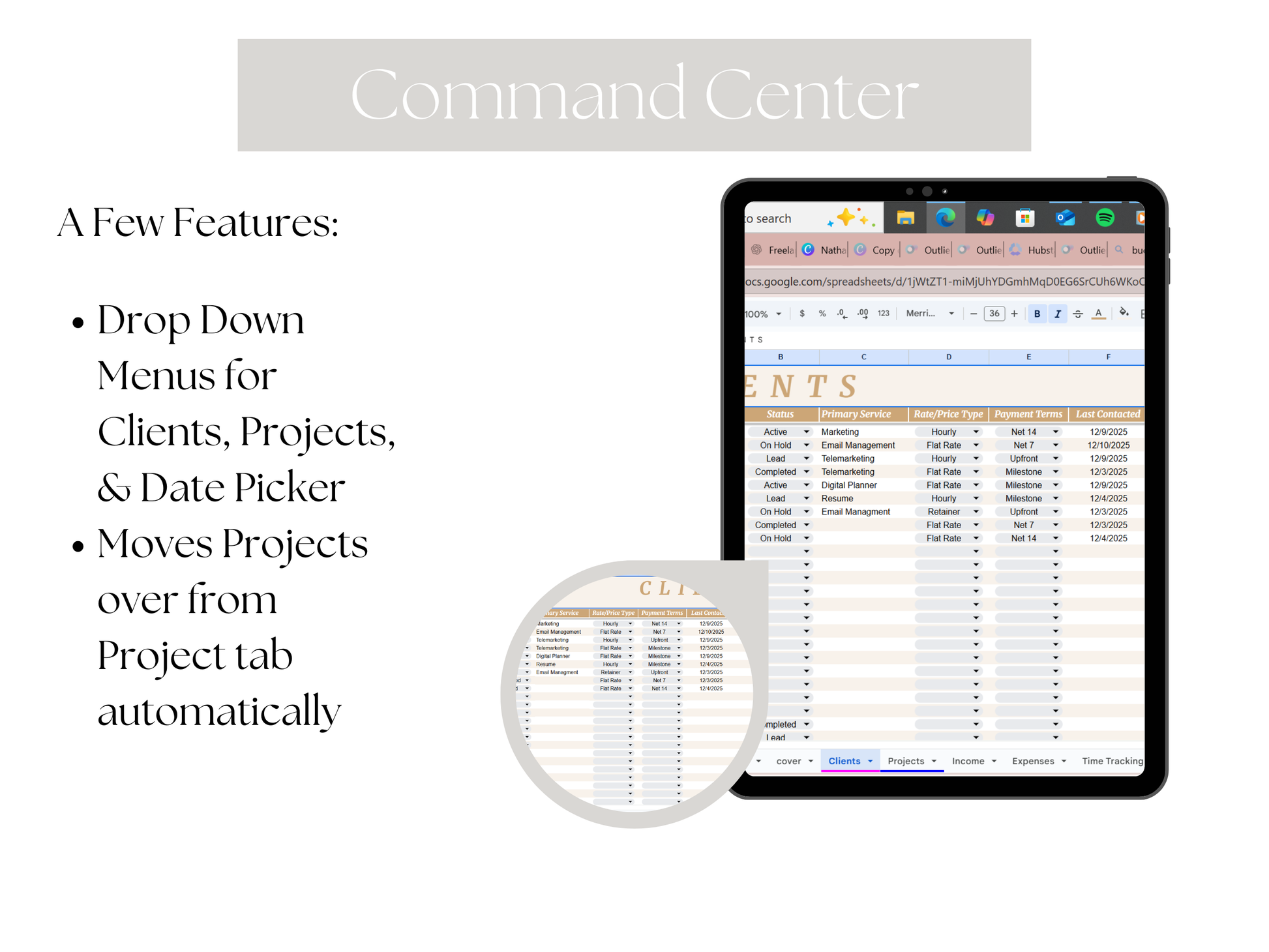 Computer screen displaying a project management software with features listed on the left.