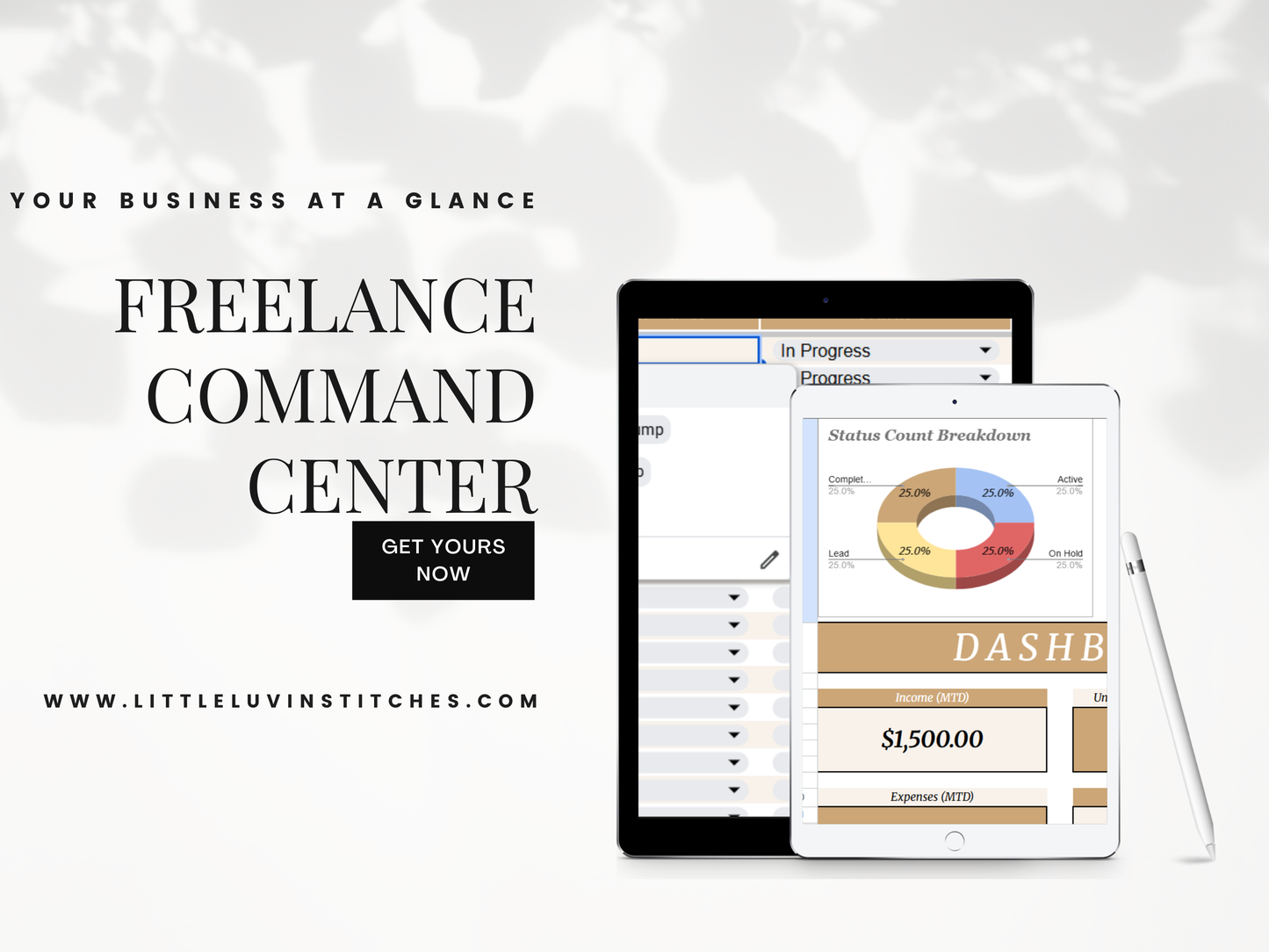 iPad displaying a business dashboard with graphs and text on a white background.