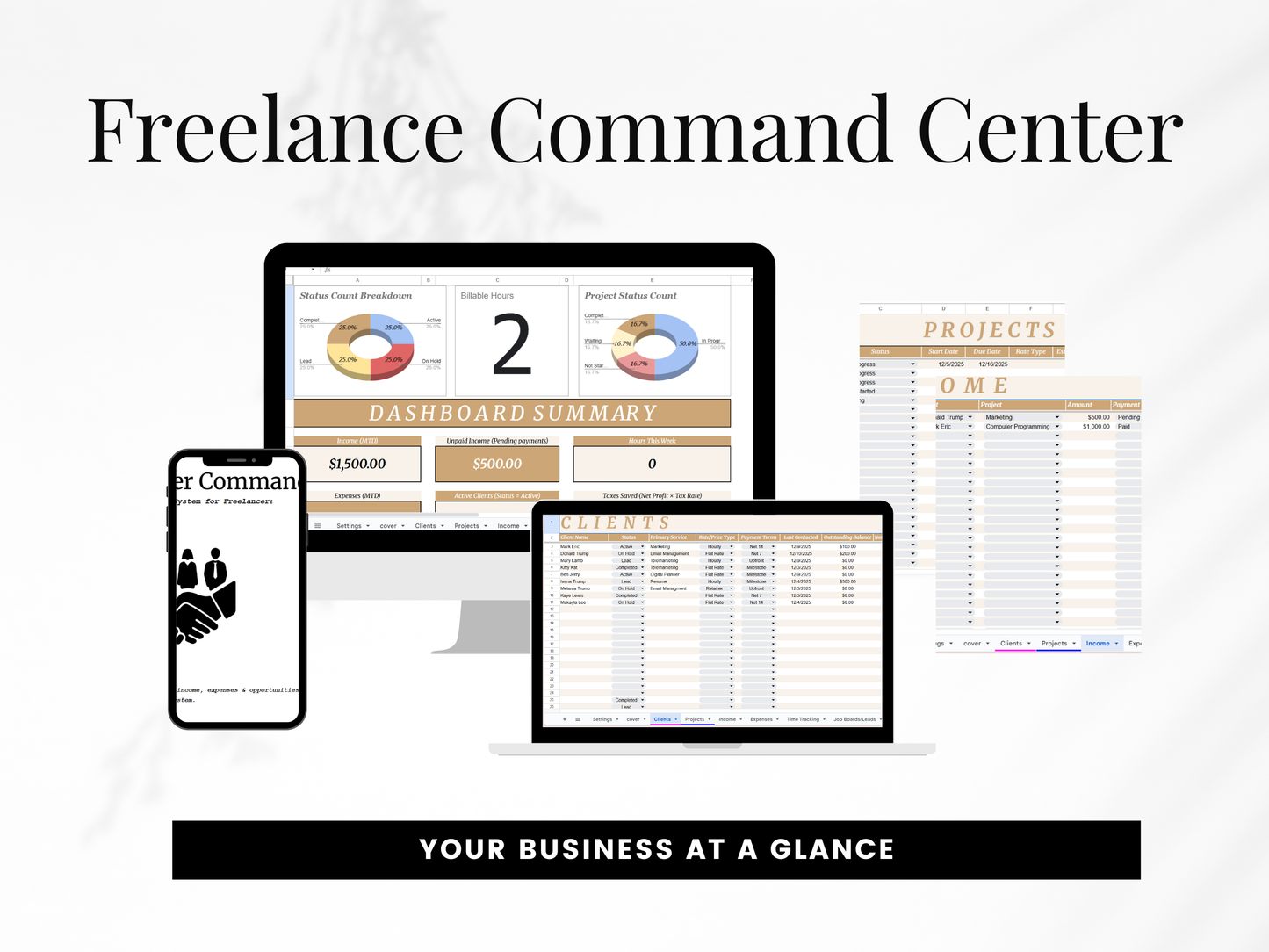 Freelance Command Center dashboard on a computer screen with text 'Your Business at a Glance'.