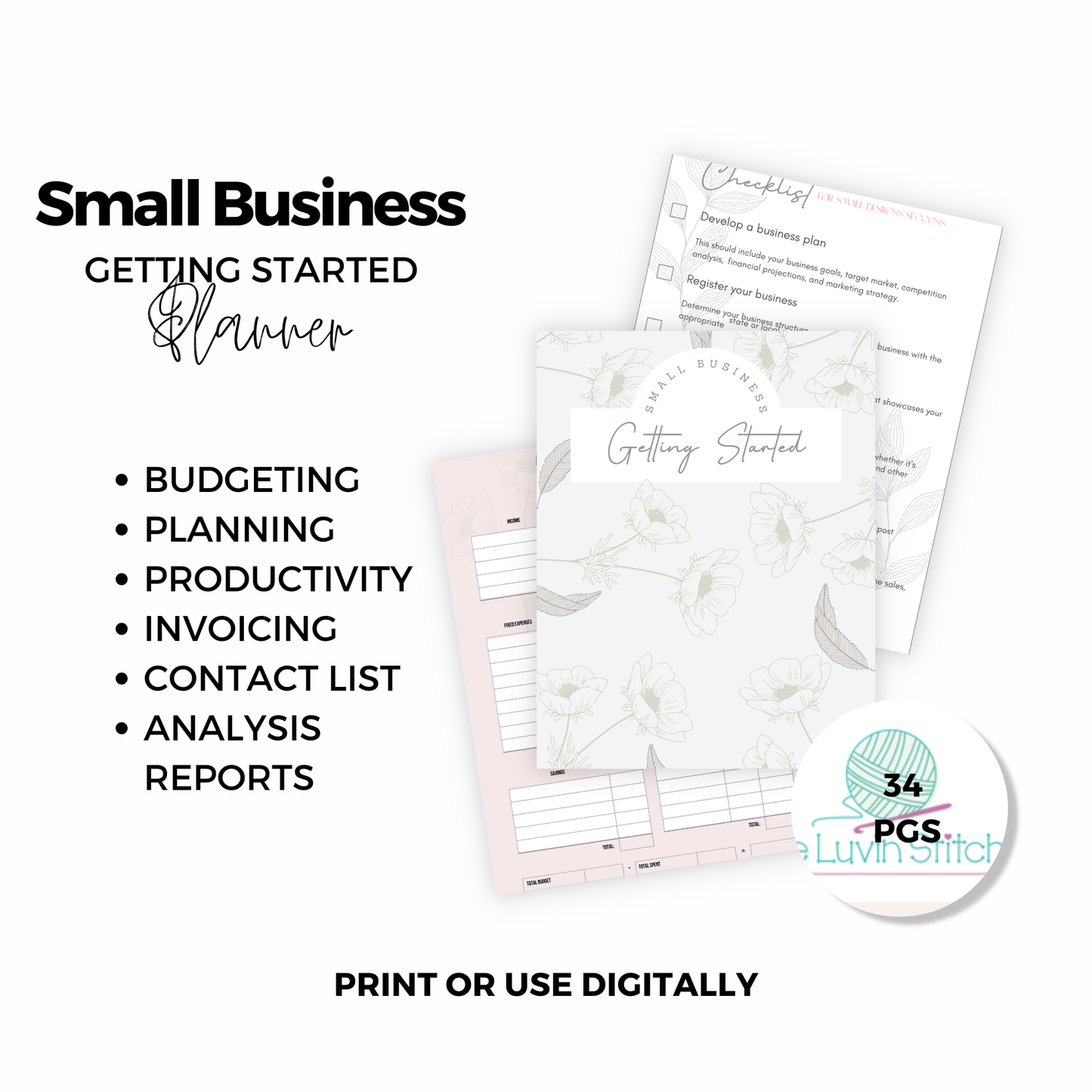 Small Business Getting Started Planner with checklists and notes on a white background