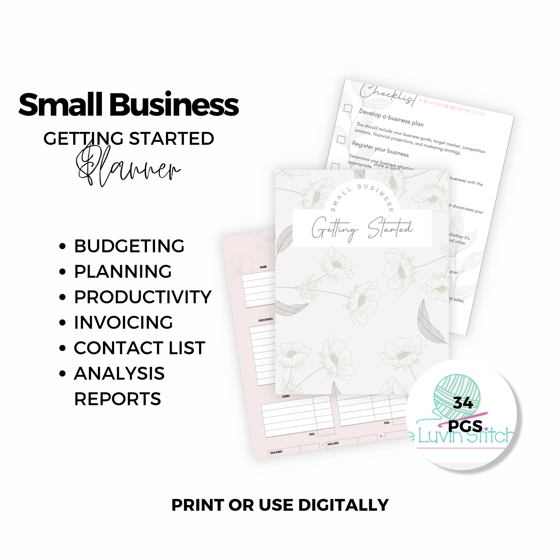 Small Business Getting Started Planner with checklists and notes on a white background