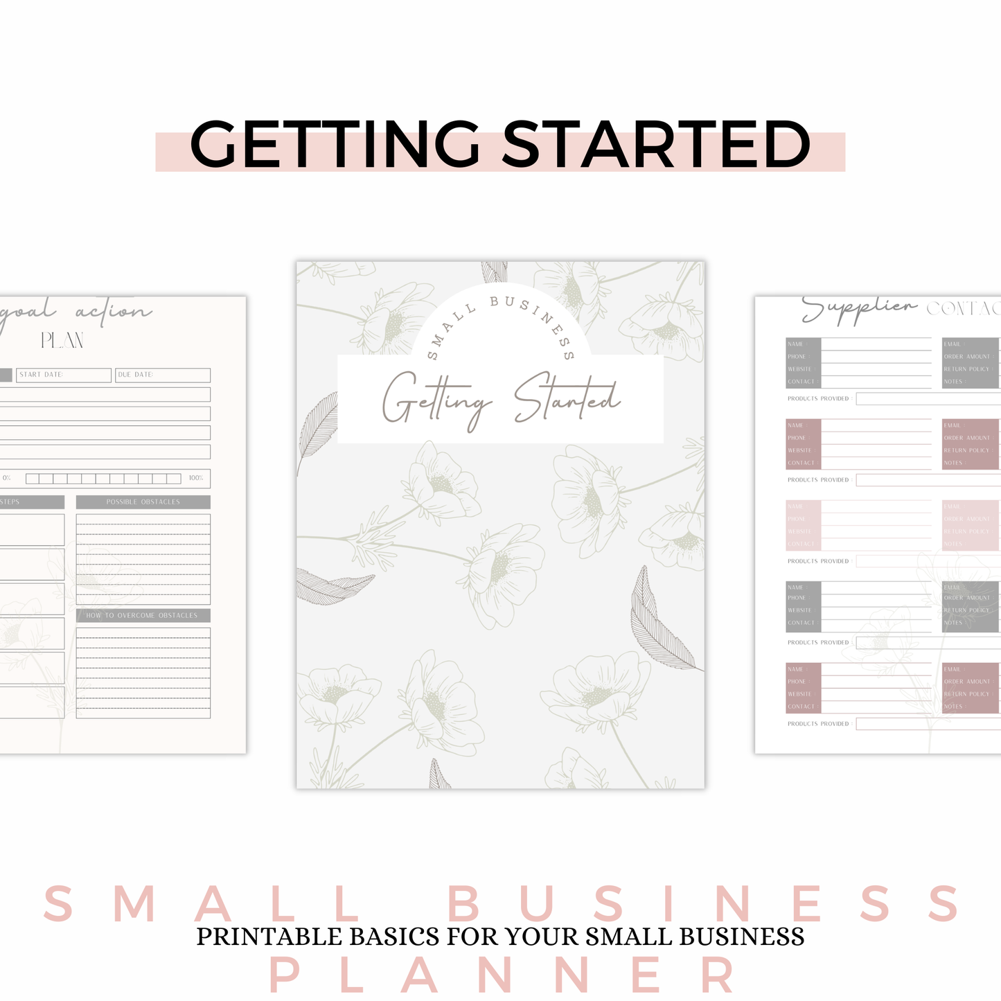 Small business planner with 'Getting Started' theme on a white background