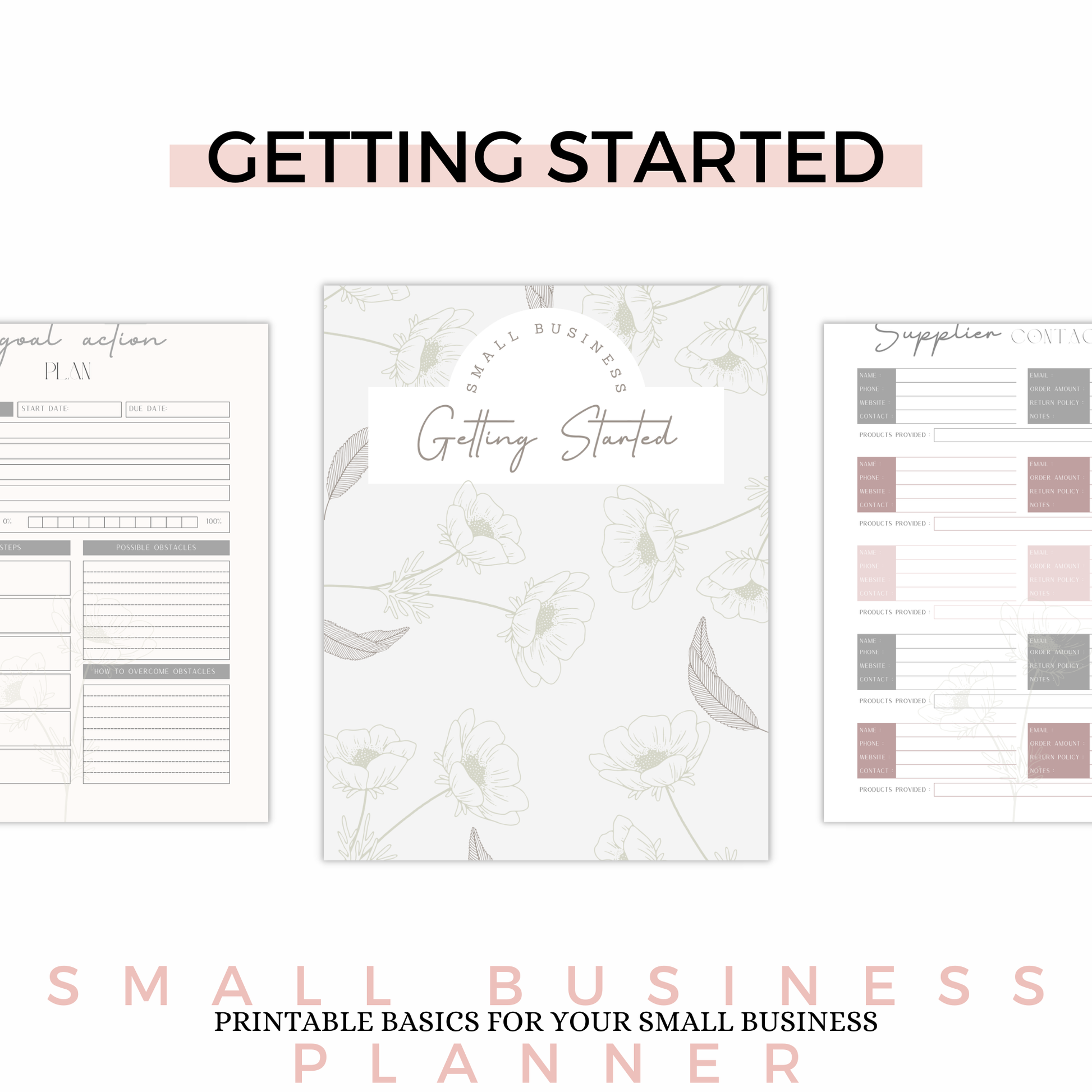 Small business planner with 'Getting Started' theme on a white background