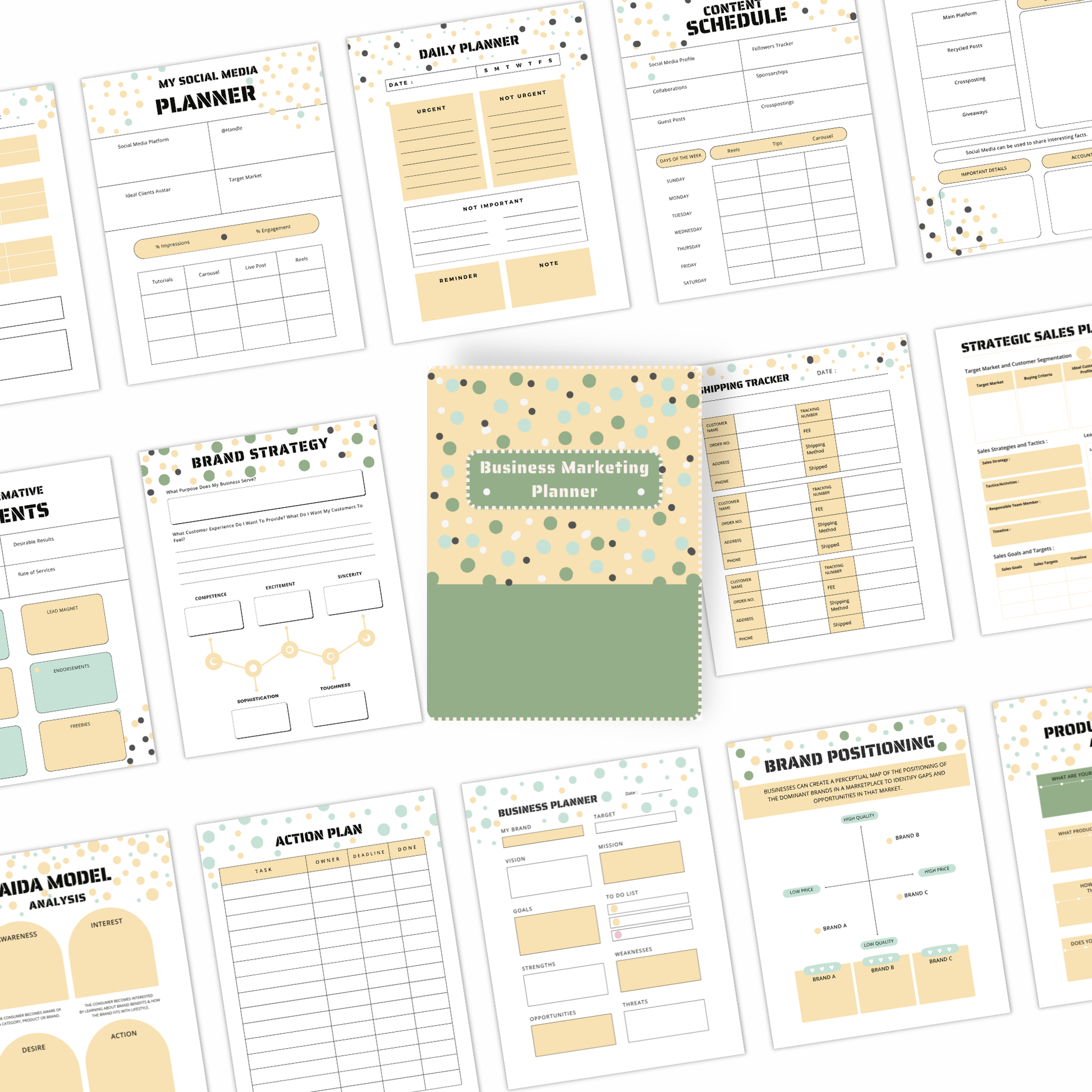 Collection of business planning sheets with various sections on a white background