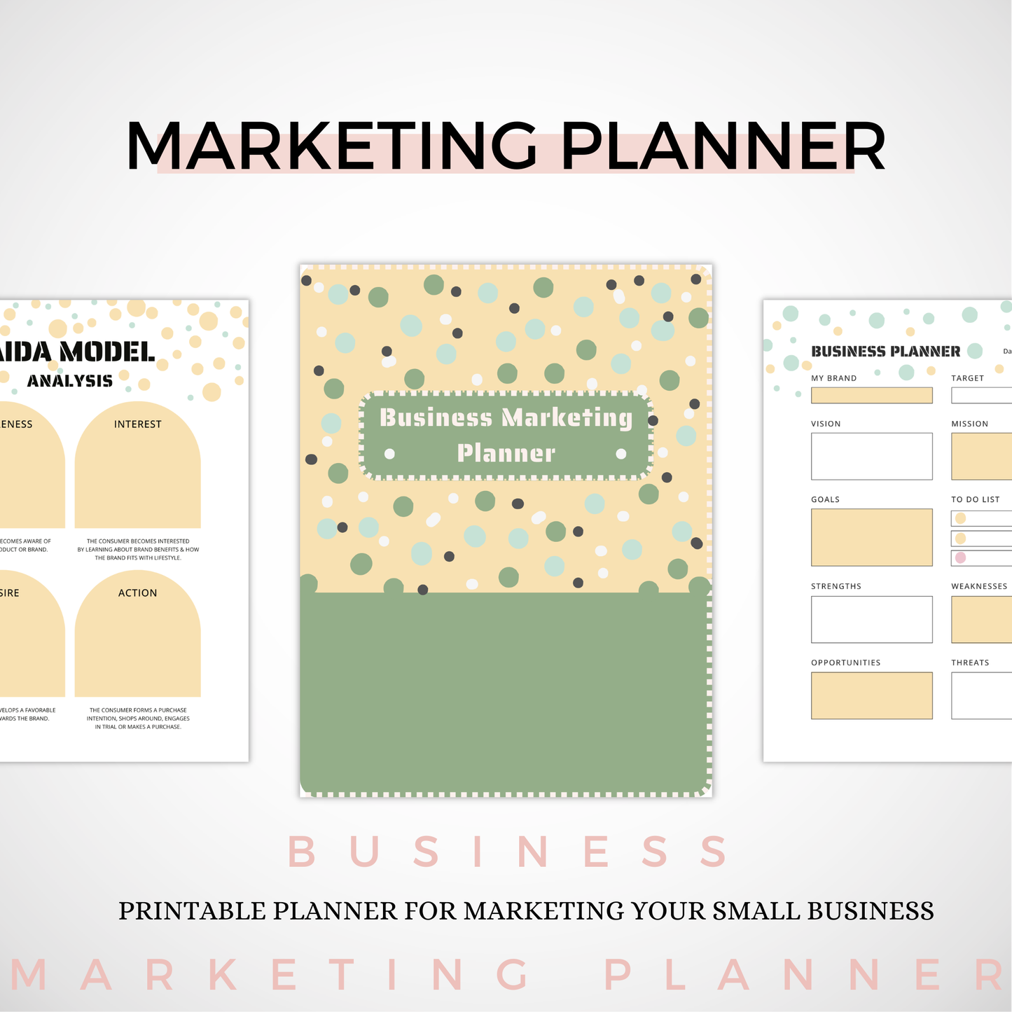 Business Marketing Planner with polka dot design on a white background