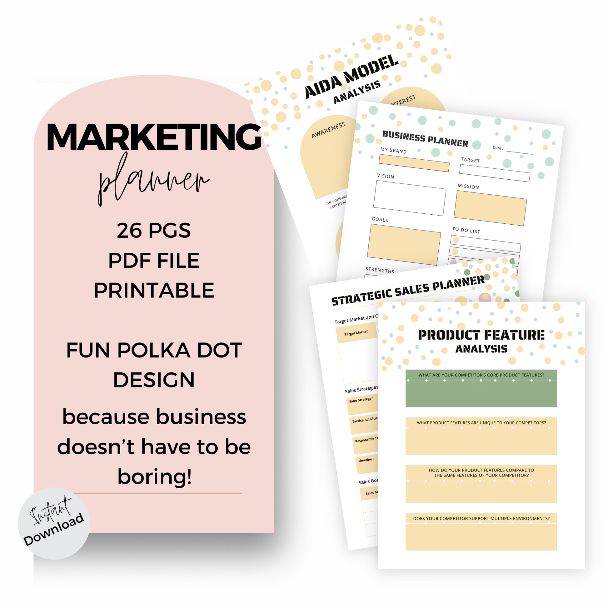 Marketing planner with polka dot design on a white background