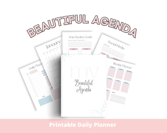 Collection of printable daily planner sheets with 'Beautiful Agenda' branding on a white background.