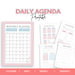 Collection of daily, weekly, and monthly planner printables on a white background with pink accents.