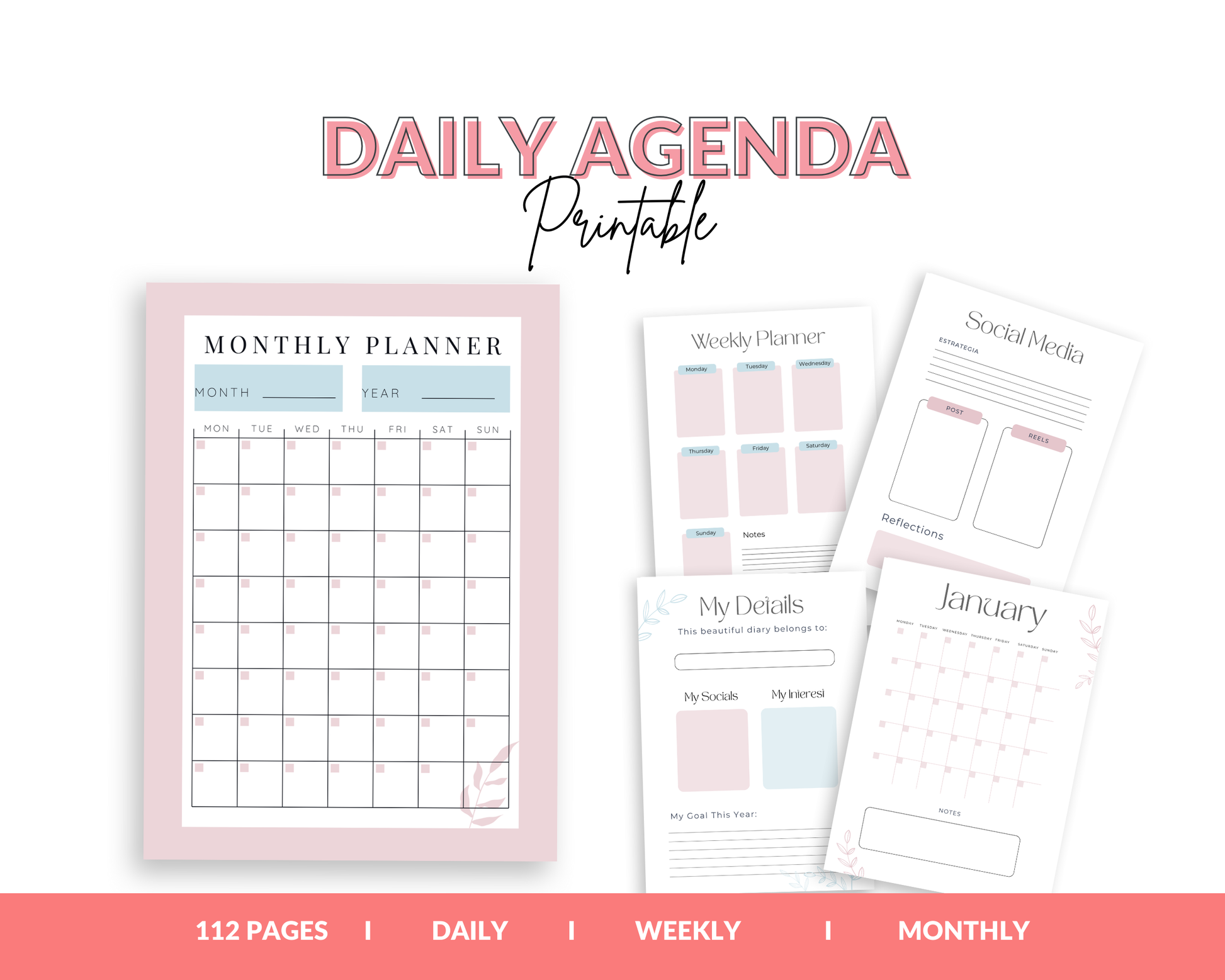 Collection of daily, weekly, and monthly planner printables on a white background with pink accents.