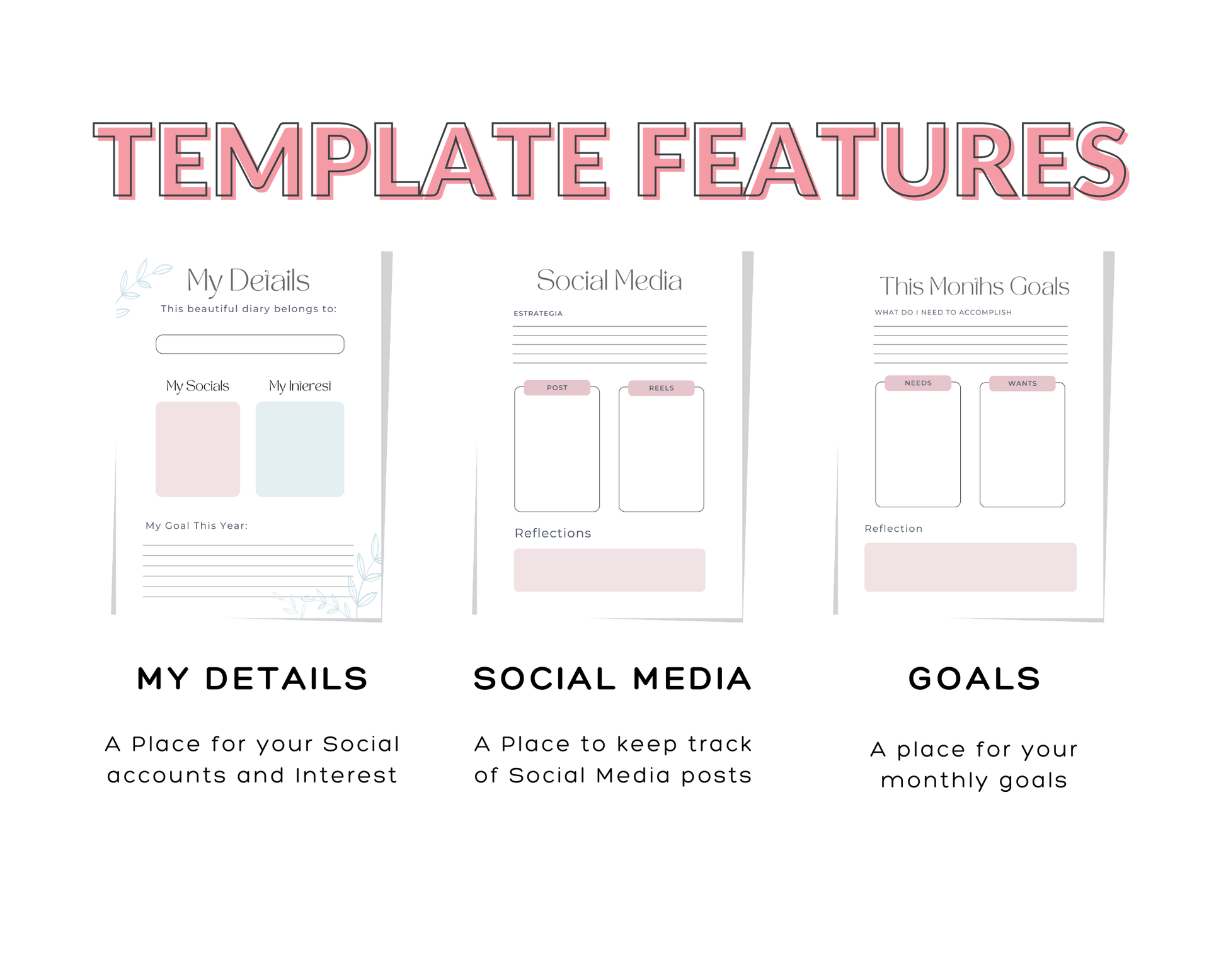 Three sections of a template labeled 'My Details', 'Social Media', and 'Goals' on a white background.