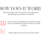 Instructions for ordering and downloading a product on a white background with text and icons.