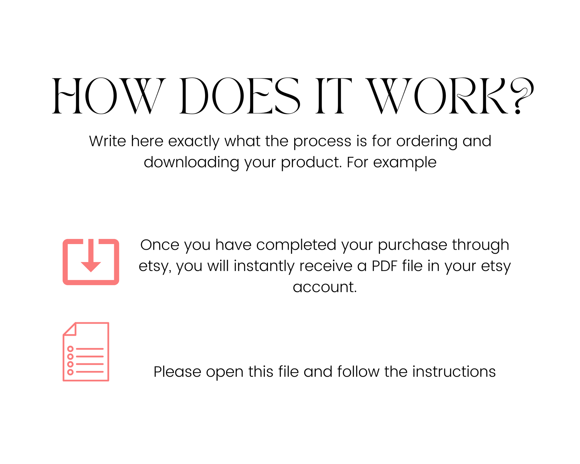 Instructions for ordering and downloading a product on a white background with text and icons.