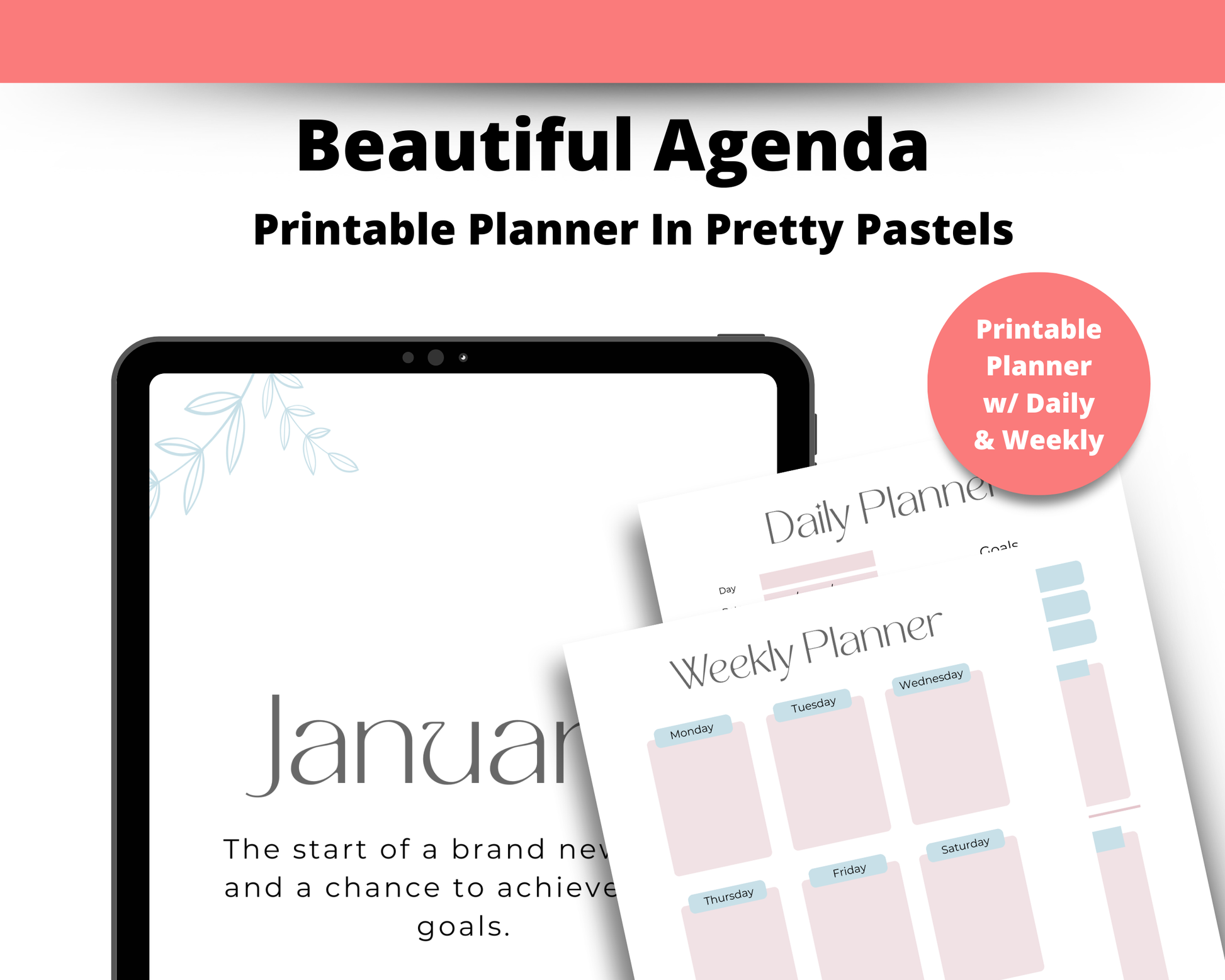 Printable planner with daily and weekly schedules displayed on a tablet and paper.