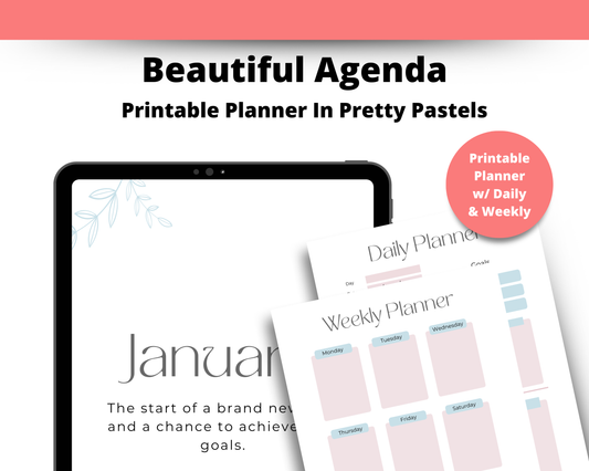 Printable planner with daily and weekly schedules displayed on a tablet and paper.