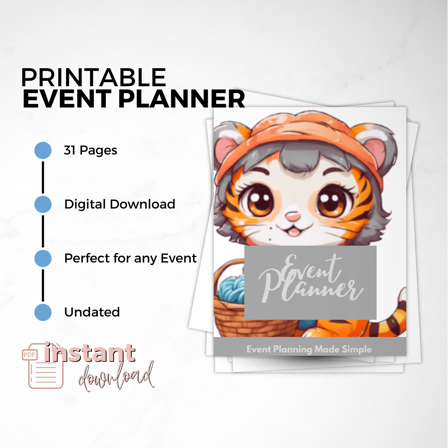 Printable event planner with a cartoon tiger design on a white background