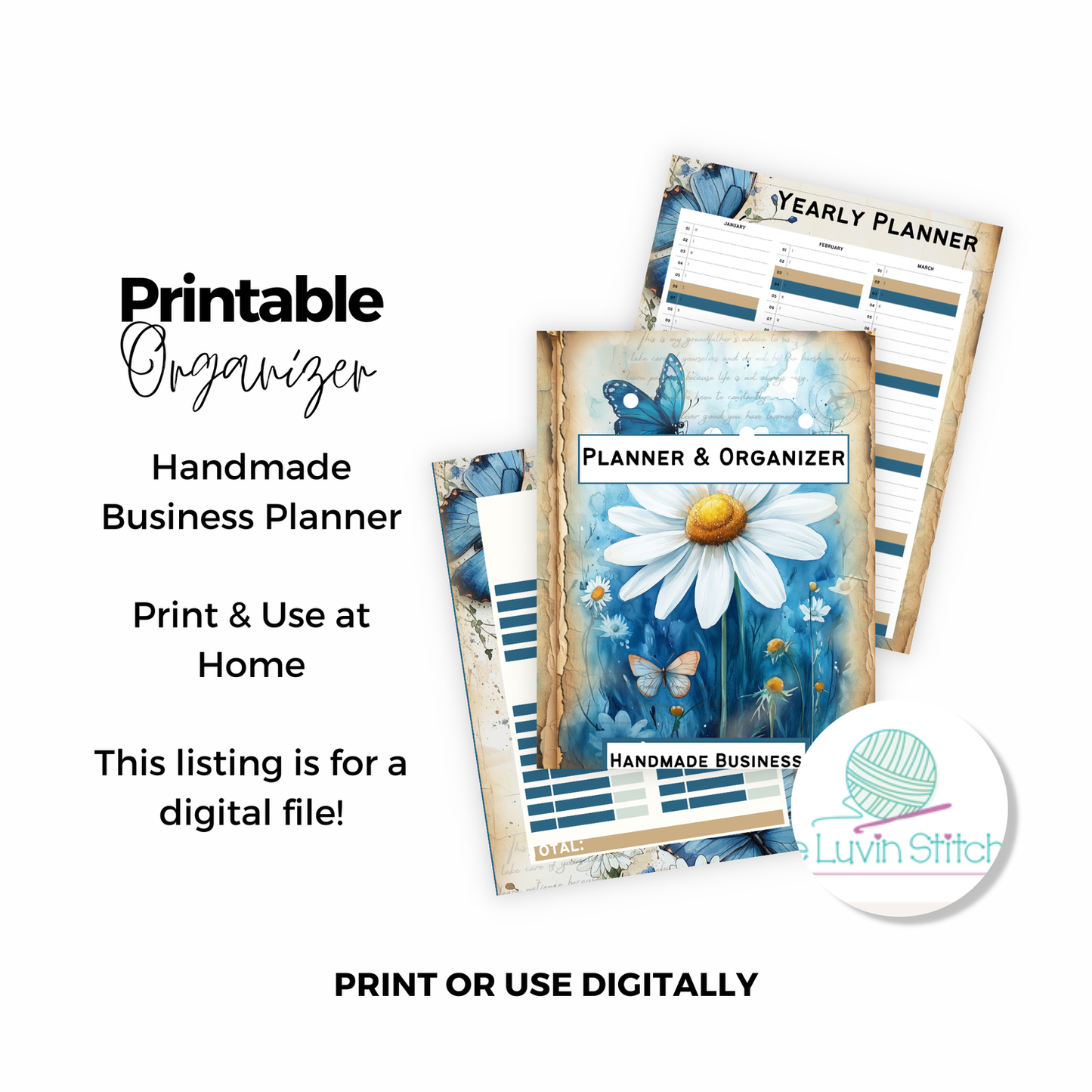Handmade business planner with floral design on a white background