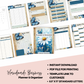 Collection of planner pages with blue butterflies and floral designs on a white background.