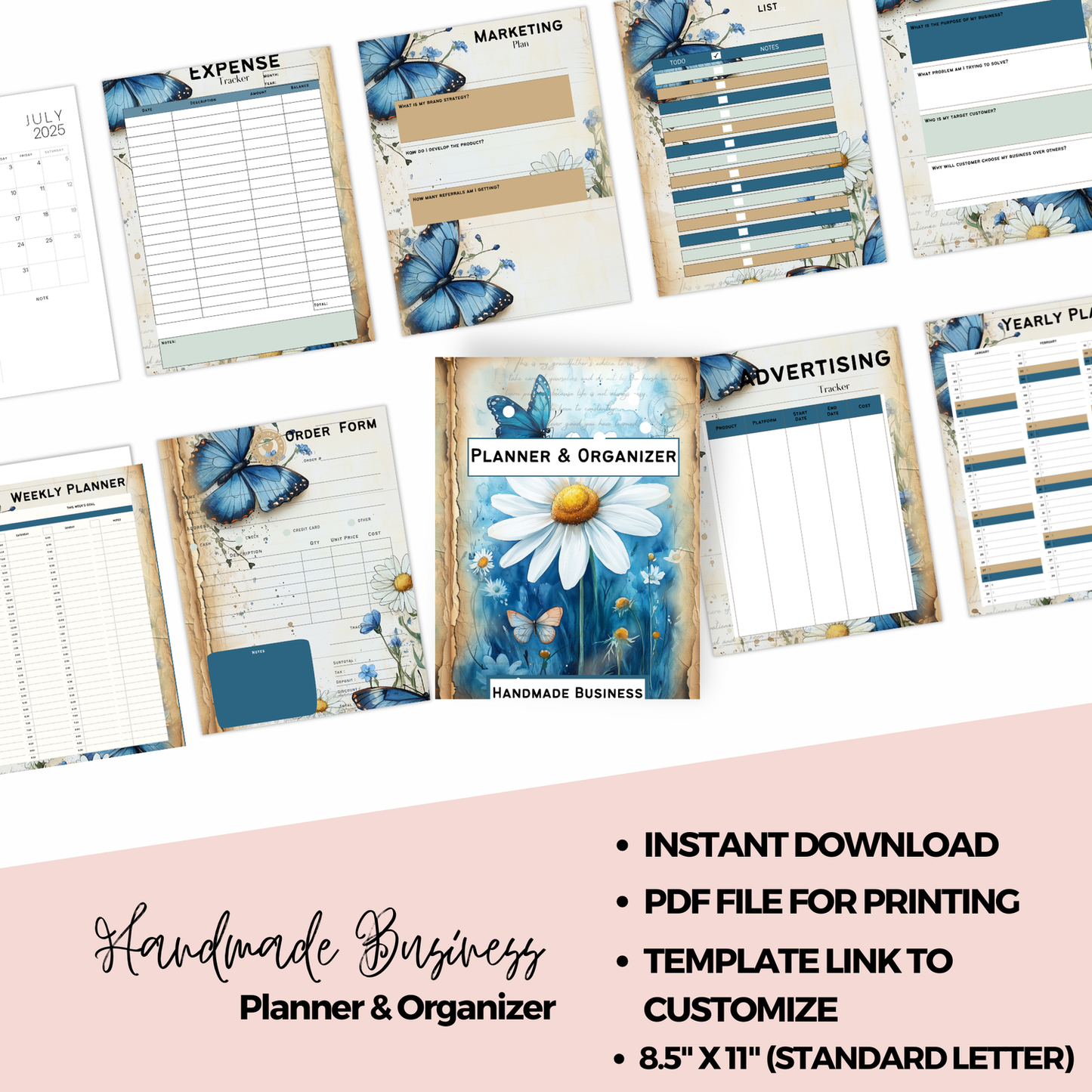 Collection of planner pages with blue butterflies and floral designs on a white background.