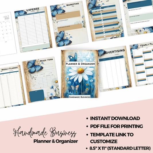Collection of planner pages with blue butterflies and floral designs on a white background.